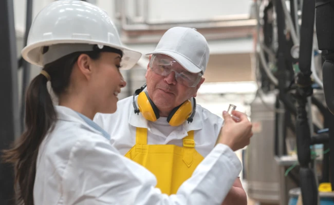 Especialistas de laboratorio revisando producto en planta